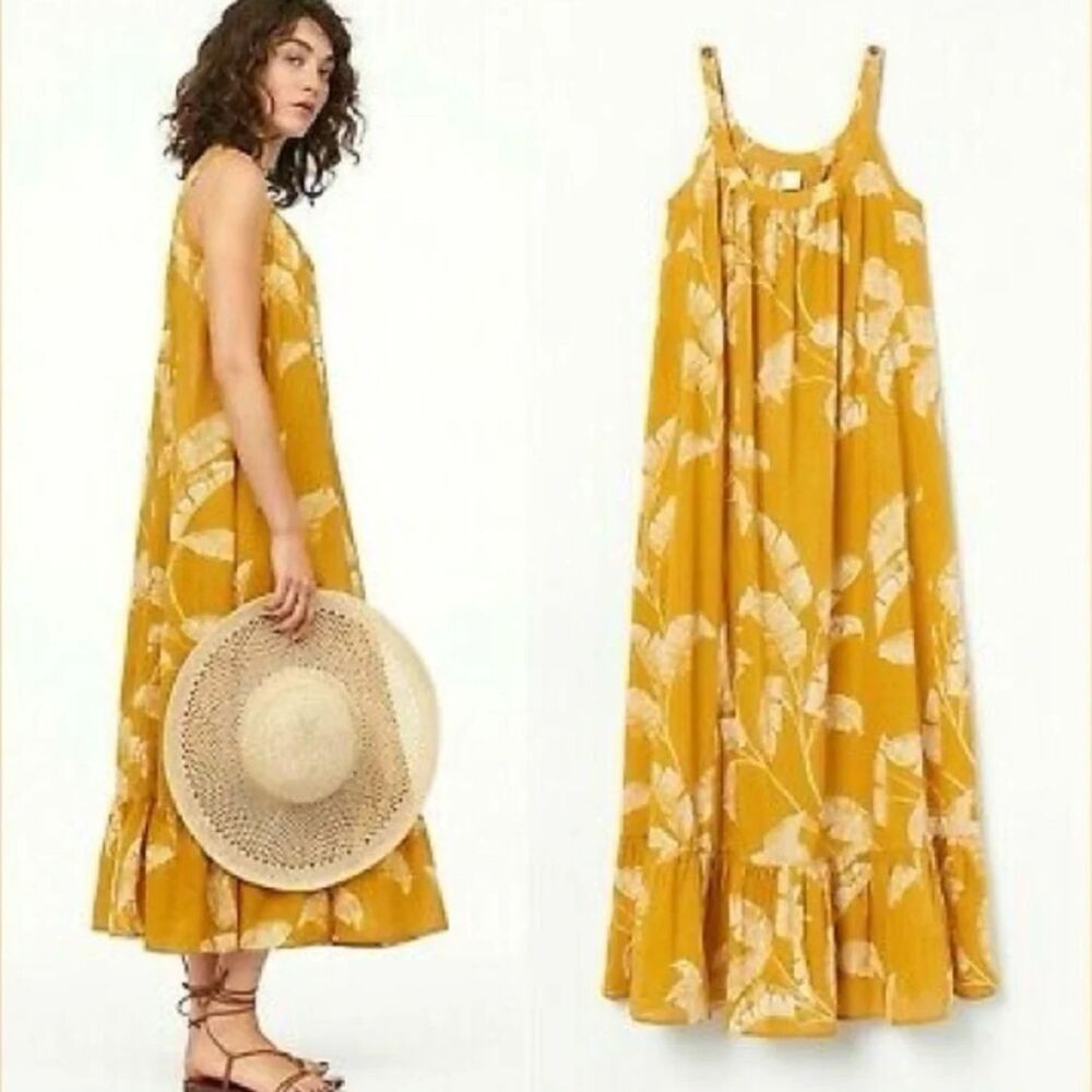 H&M Yellow Palm Leaf Tiered Maxi Dress Size 10 Tropical Resort Cruise Summer